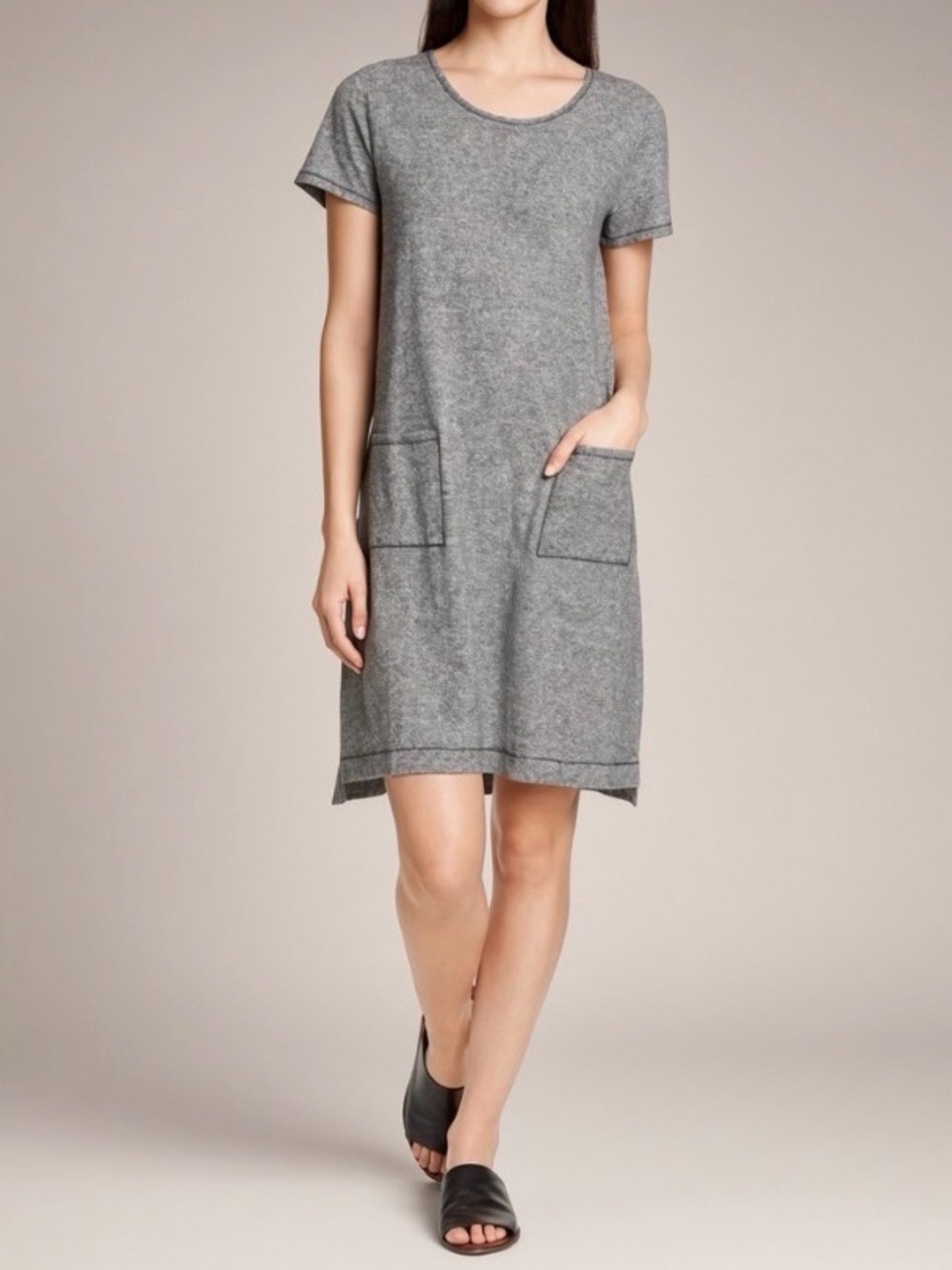 Eileen Fisher Hemp Organic Cotton Heather Gray Short-Sleeve Pocket Mini Dress